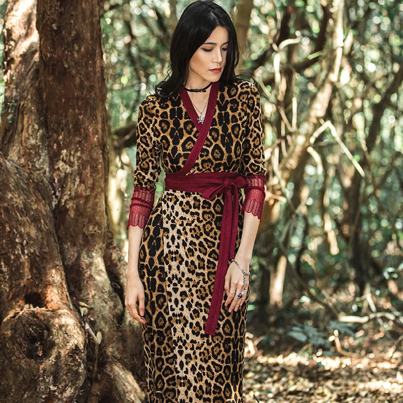 Сексуальное пляжное платье 2019 Новое Осеннее женское винтажное леопардовое с