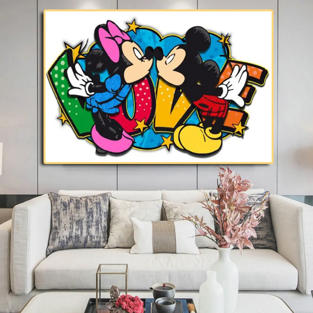 

Disney Mickey And Minnie Kiss 3D Character Canvas Painting Posters and Prints Wall Art Pictures for Living Room Home Decoration