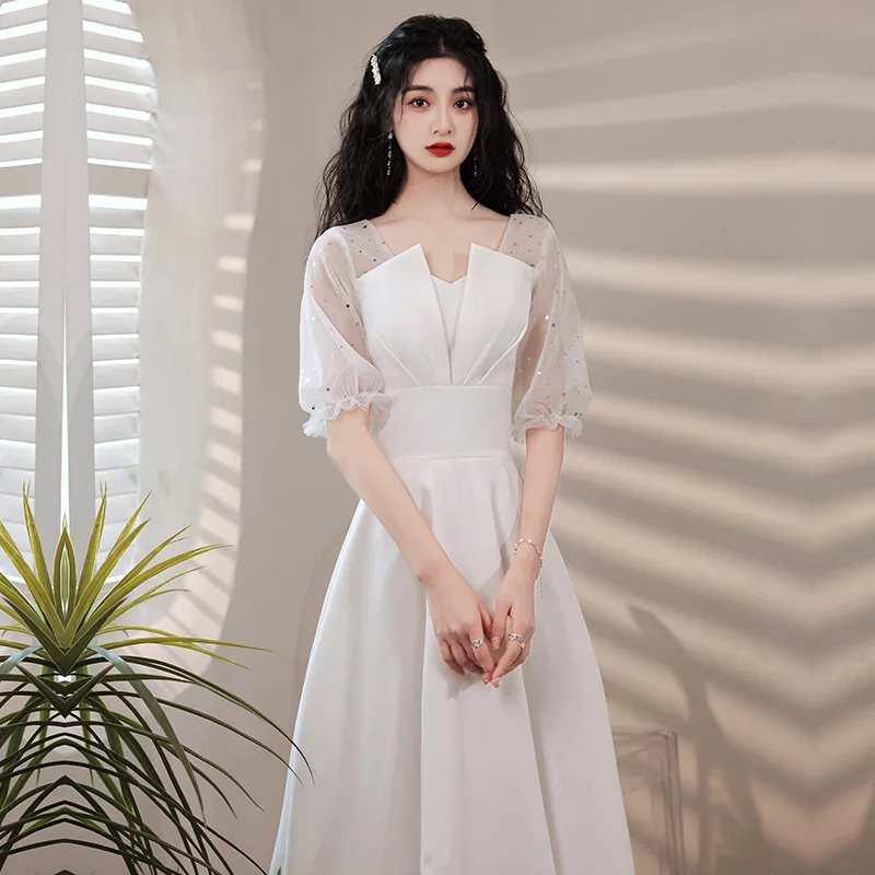 

21 luxury design high-end fashion sexy mesh stitched square neck dress temperament slim and elegant banquet white evening dress