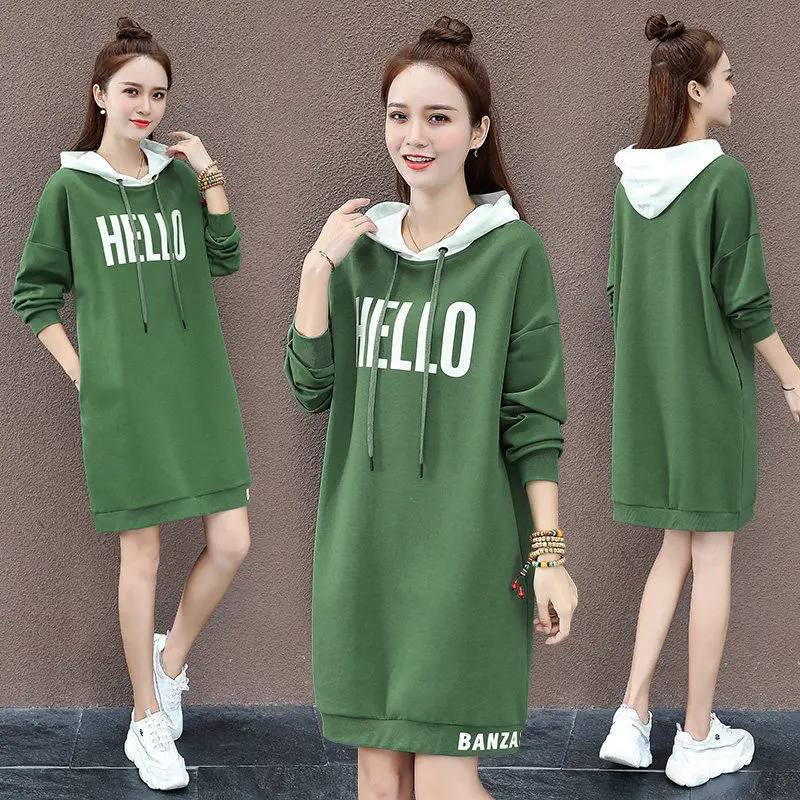 

Spring and Autumn Korean-Style Women's Long-Sleeved Slimming All-match Skirt "Hooded Jumper Loose Mid-Length Top
