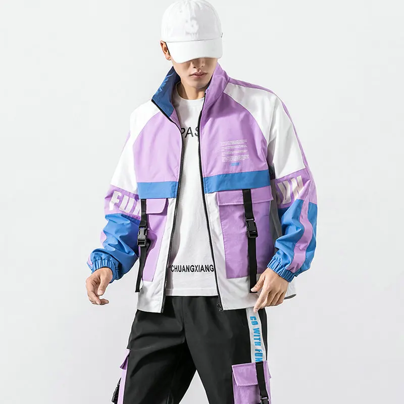 

Men Harajuku Patchwork Jackets Coats 2021 Autumn Streetwear Vintage Windbreaker Korean Men Bomber Jackets Zipper Coat
