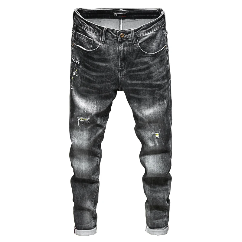 

SHAN BAO 2021 Autumn Brand High Quality Cotton Fashion Slim Denim Jeans Classic Style Embroidery Ripped Men's Jeans Black