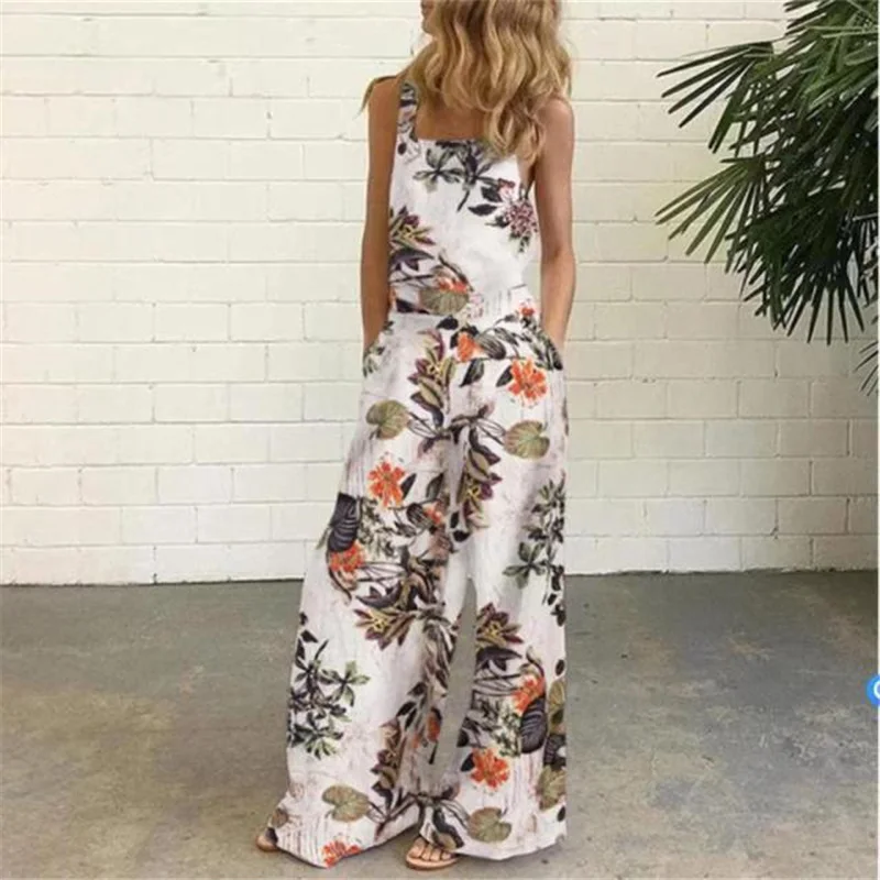 

Cotton Linen Button Spaghetti Strap Age Reducing Women Jumpsuit Summer Casual Element Printed Ladies Selling Sexy Long Jumpsuit