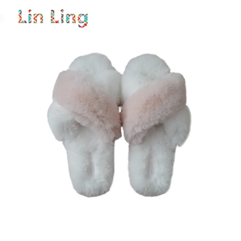 

Luxury Women Fur Slippers House Cross Band Comfortable Ladies Flat Shoes FLats Bedroom Elegant Women Furry Slippers
