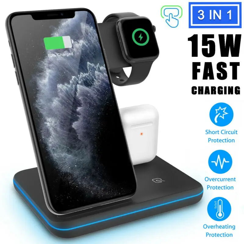 

3 in 1 Qi Wireless Charger Charging Station Stand Dock For iPhone 11 Pro Max/XR