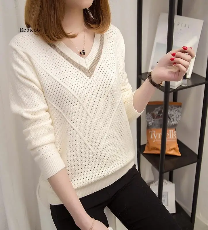 

Autumn Winter Sweater Women Pullovers Warm Hollow Sweaters Women Loose Knitted Sweater Female V-neck Small Fresh Sweater