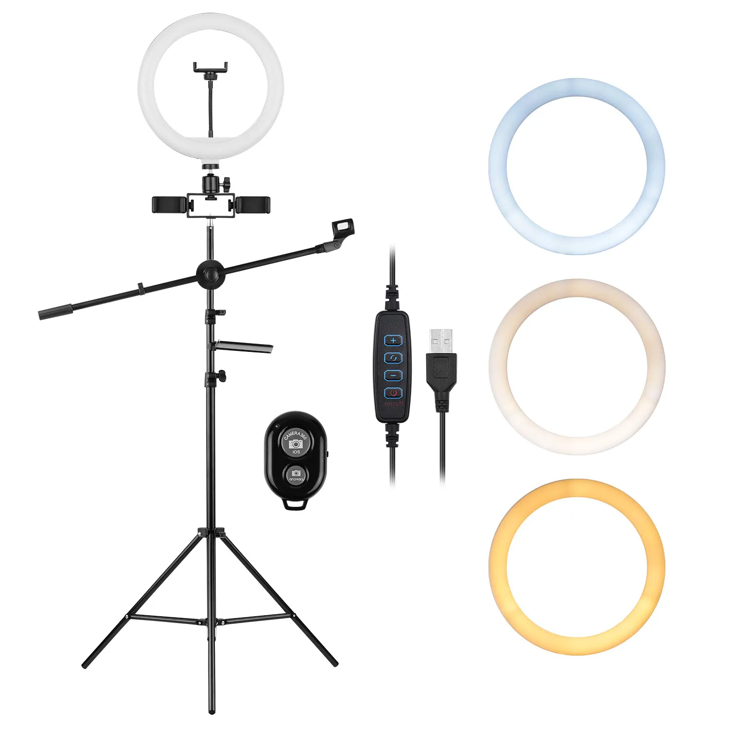 

Кольцевой светильник для видеосъемки, 10 дюймов, с регулируемой яркостью, со штативом и шаровой головкой, тройные держатели для телефона, мик...