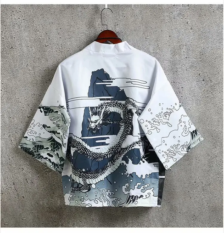 

Japanese Dragon Printed White Kimono Women Harajuku Hip Hop Fashion Casual Streetwear Jacket Summer Cardigan Men Yukata