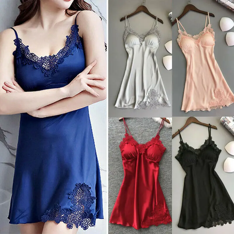 

Women Satin Silk Lace Lingerie Night Dress Ladies Nightgown Sleepwear