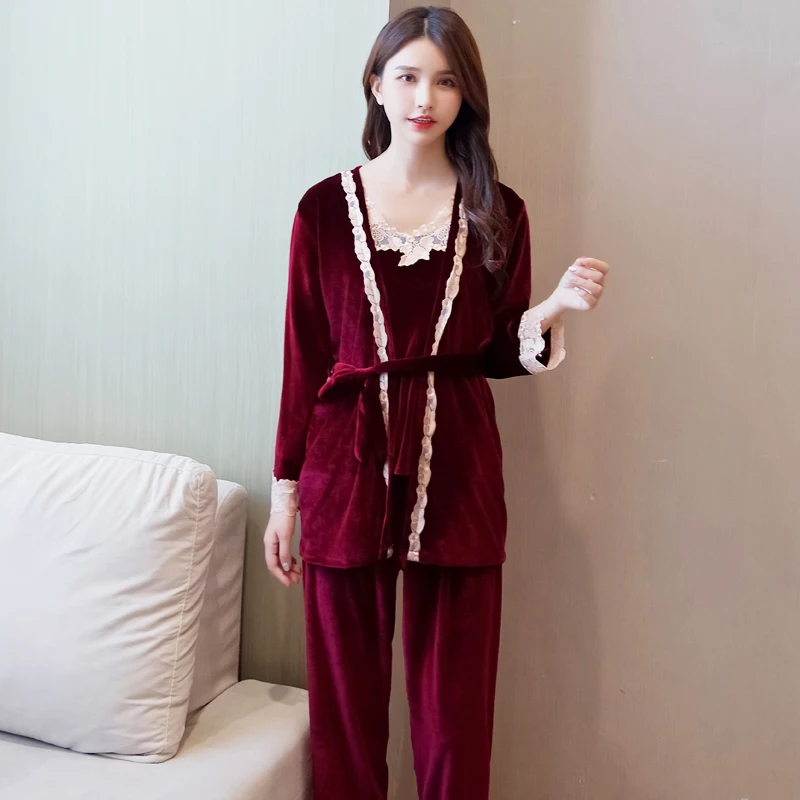 Женский пижамный комплект из 3 предметов бордовый велюровый кружевной Пижамный