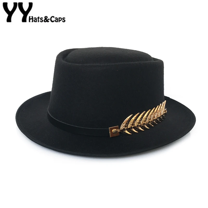 YY золотой пояс с перьями Fedora шляпа для мужчин плоский Топ шляпы Трилби для женщин свиной пирог джаз шляпа Классическая церковная Кепка FD19040