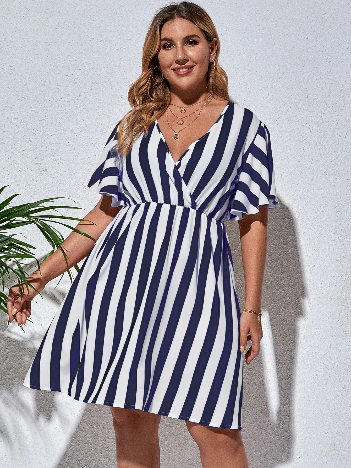 

Women Dresses Big Size Stripe V Neck Midi Butterfly Sleeve Empire Wasit Summer Ladies Vintage Loose Casual Sweet Robe Retro