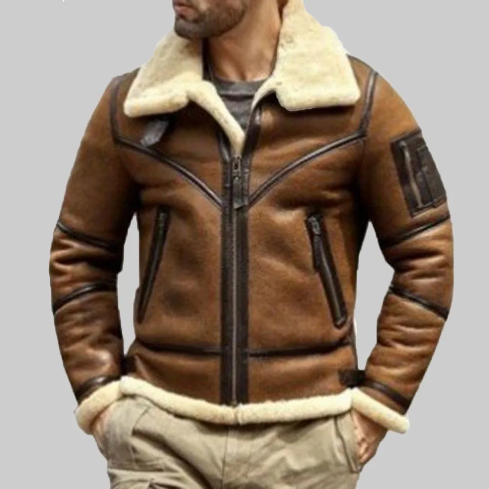 

2021 Autumn Winter New PU Leather Jacket Men Fashion Lapel Padded Warm Deerskin Zipper Casual Jacket Long Sleeve Men
