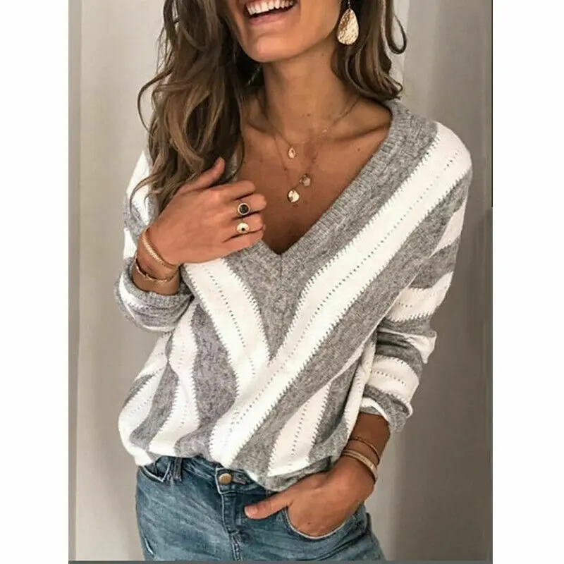 

Women Blouse 2020 Spring Autumn V Neck Long Sleeve Striped Knitted wear Loose Knit Pullover Sexy Jumper Tops Female Clothing