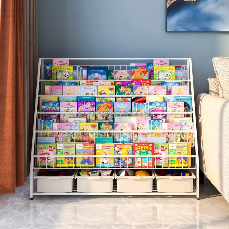 Переносная книжная полка стеллаж из кованого железа для хранения напольный