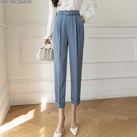 new 2022 fashion streetwear pants women slim korean style high waist pant suits beige black blue trousers belt solid harem pants
