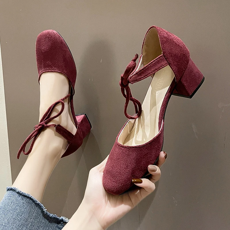 

Velvet Shoes Cross 2021 Summer Med Female Sandal Clear Heels Cross-Shoes Suede Medium Girls Beige Retro Closed Fashion Block Lac