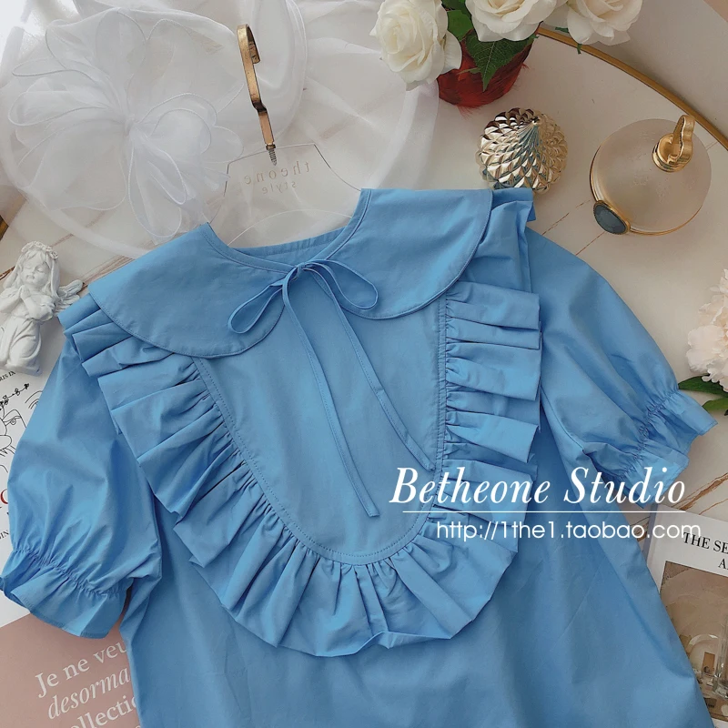 

Doll Collar Detachable Shirt Puff Short Sleeve Women Tops 2021 Summer Casual Loose Plain Ruffles Patchwork Blusas Mujer