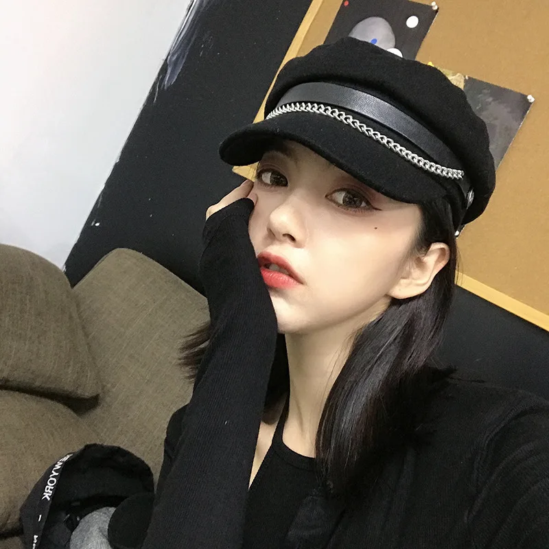 Осенне зимняя женская шерстяная восьмиугольная шапка с цепочкой винтажные