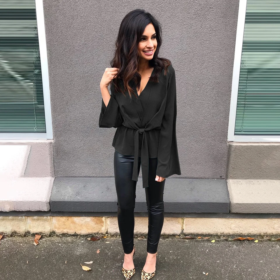 Женская Свободная шифоновая блузка с длинным рукавом и v-образным вырезом