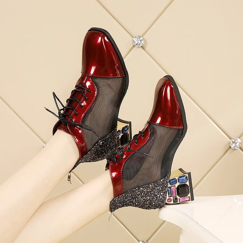 

Wohdhe Platform Lace-up Women Boots Med Heeled Bling Botines Square Toe Summer Mesh Breathable Hollow Chelsea Botas 2021 New
