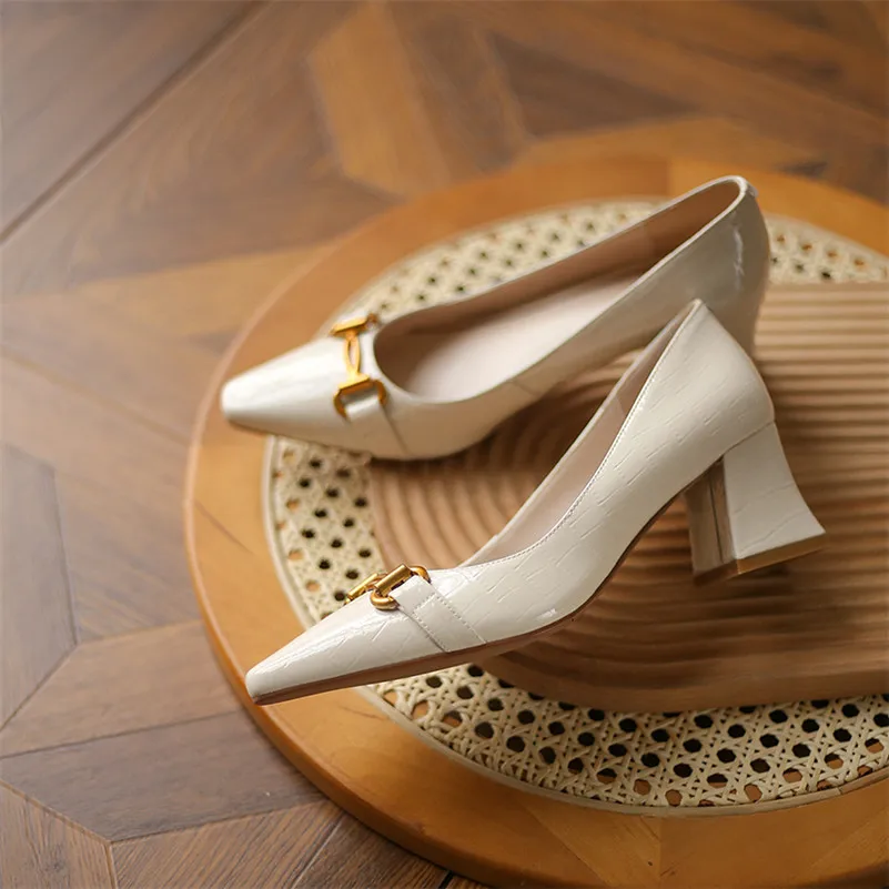 

ANNYMOLI Genuine Leather High Heel Shoes Woman Chunky Heel Pumps Metal Decoration Square Toe Shoes Slip On Lady Footwear Spring