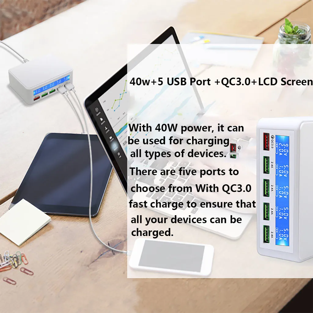 

Charger Qc3.0 Multi Usb 5-port Smart Fast Charger Charging Station With Led Display Dropship #21