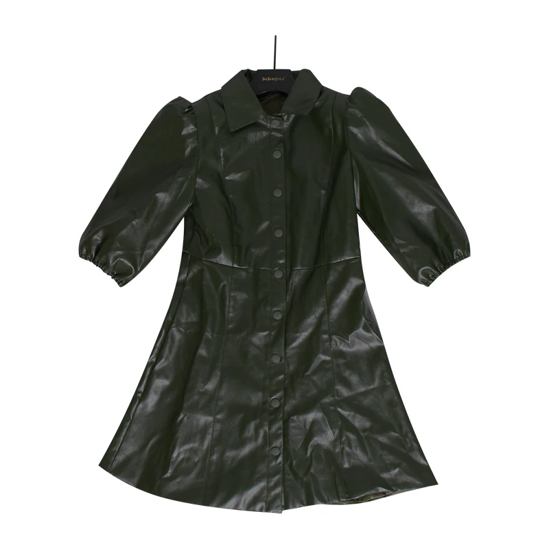TWOTWINSTYLE Платье из искусственной кожи для женщин, воротник с лацканами, рукав-фонарик, высокая талия, мини платья для женщин, осень, большой размер, модная новинка