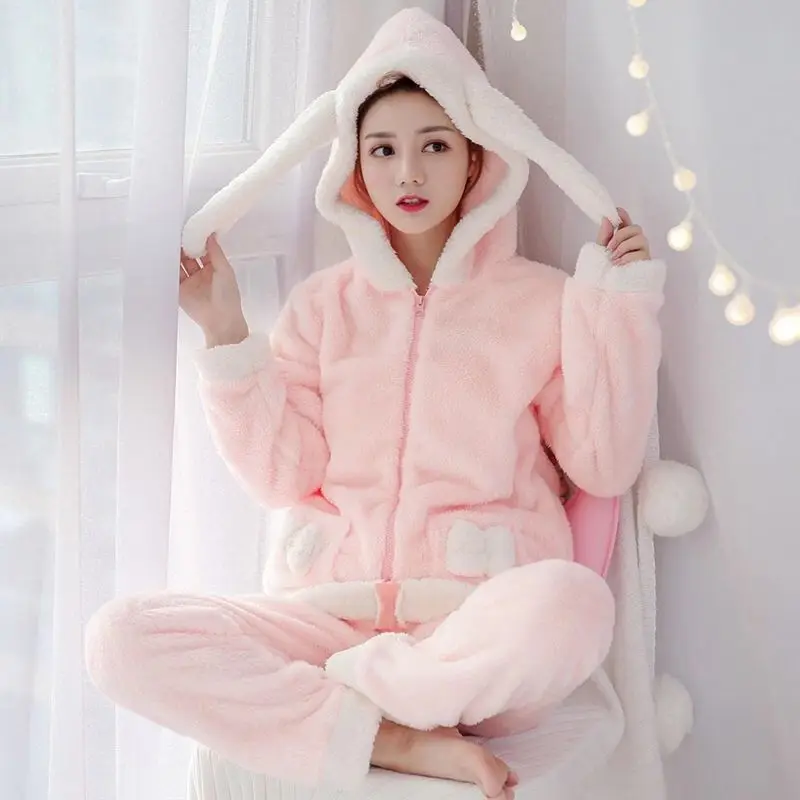2 Pcs/lot Winter Pajamas Sets Women Sleepwear Warm Flannel Long Sleeves Coral Pijama Pink Thick Homewear Pyjama Sleepwear