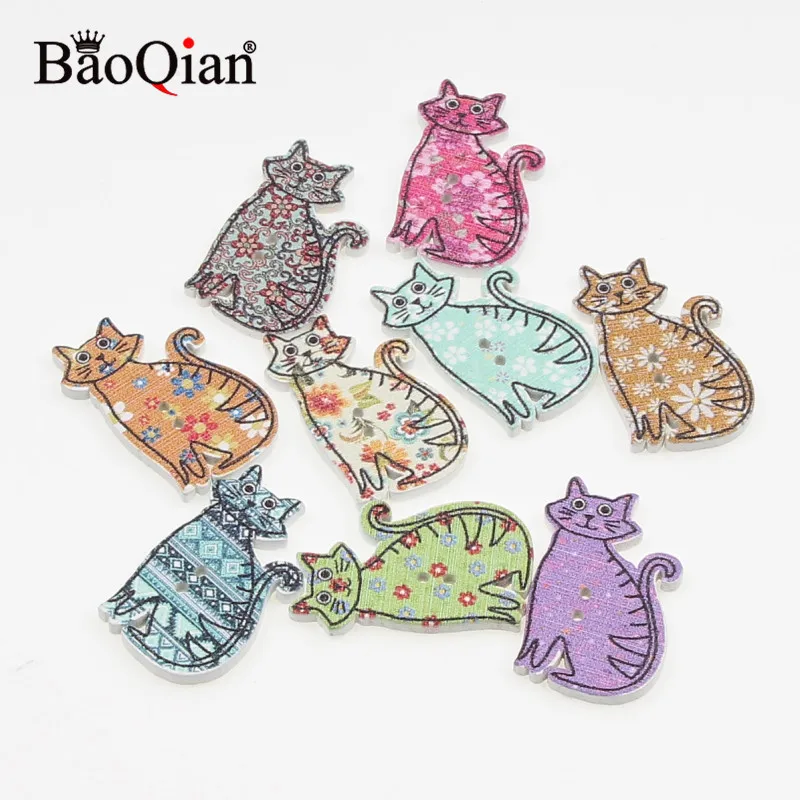 

50Pcs Mixed Cat Wood Buttons For Kids Clothes Sewing Scrapbooking Decorative Crafts Botones Needlework DIY Accessories 20x30mm