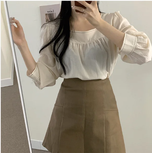 Trajes de primavera para mujer, Blusa de manga larga, Tops de cintura alta, faldas de línea A, trajes de dos piezas, holgados de gran tamaño