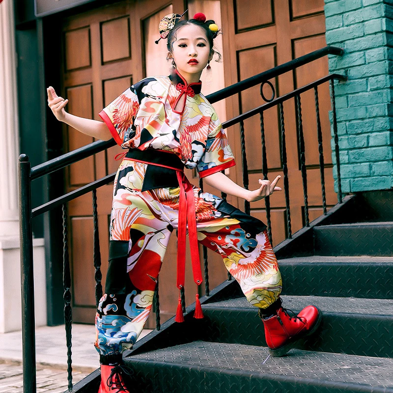

2021 Chinese Style Jazz Dance Costumes For Girls Loose Hiphop Outfits Children Modern Dance Hip Hop Clothing Stage Wear