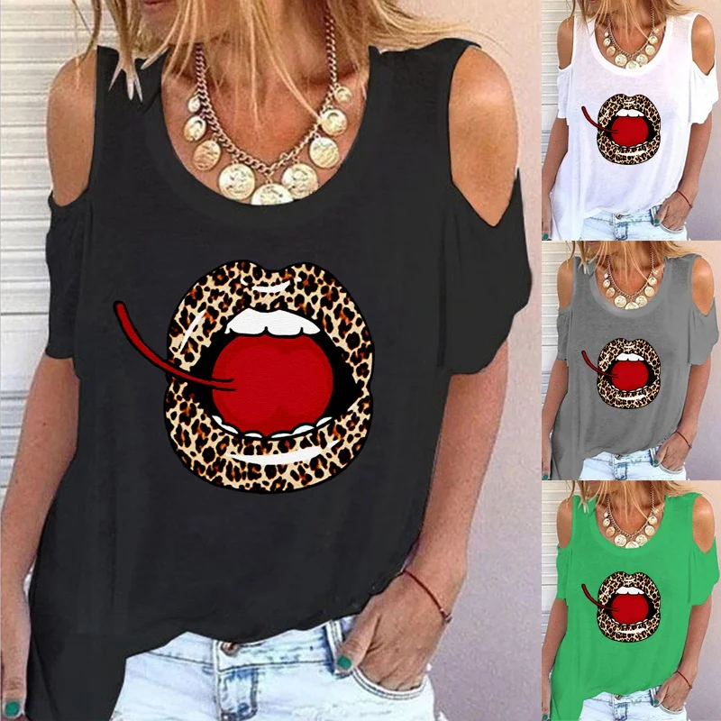 

Женская футболка с принтом губ, с открытыми плечами и круглым вырезом