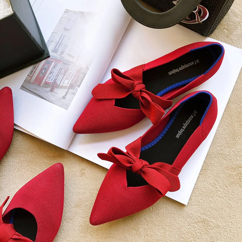 2021 Summer Pumps Women's Flat Shoes Ballet Shoes Breathable Knitted Zapatos De Pointed Bow Mary Jane Women's Shoes Boat Shoes