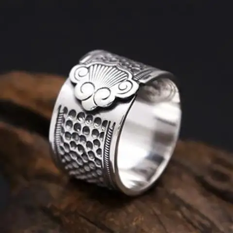 

S999 Pure Silver Thimble Ring Men's Wide Scale Xiangyun Ring Vintage Thai Silver Glossy Telescopic Ring