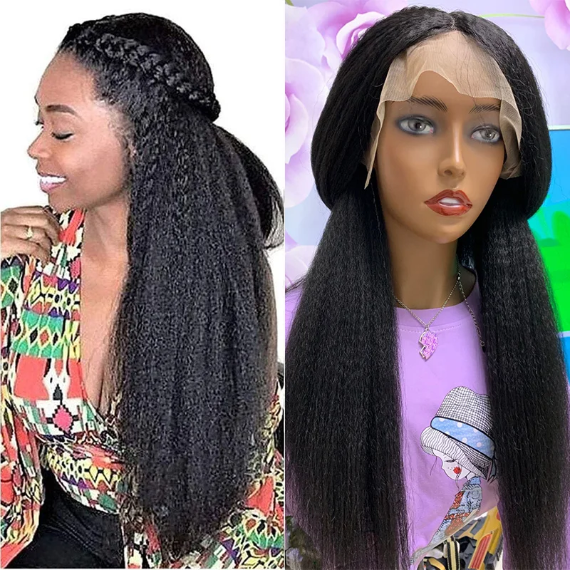 

Yaki Black180%Density 26 Inch Long Kinky Straight Synthetic Lace Front Wig For Women With Baby Hair Daily Glueless Fiber Hair