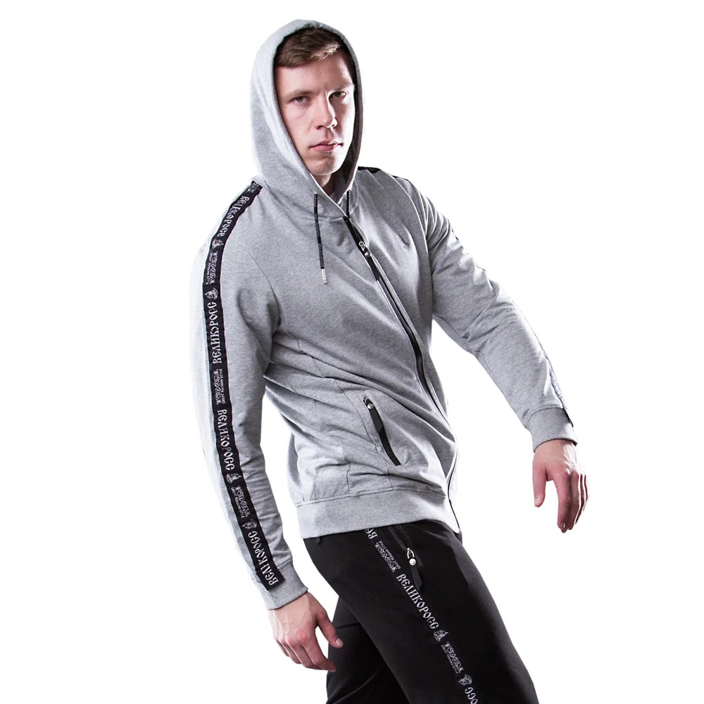 Толстовка на молнии &quotВеликоросс&quot цвета серый меланж жаккардовые лампасы и