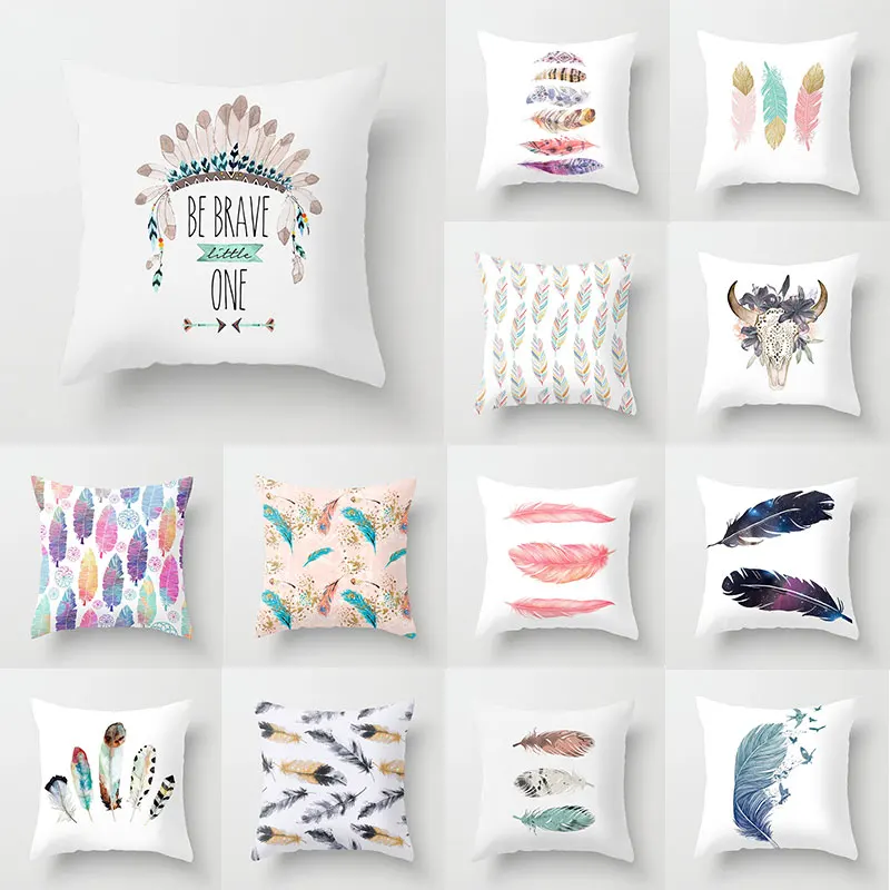 

1pc 45*45cm Boho Style Throw Pillow Case Abstract Bulls Feather Bohemia Cushion Cover for Home Sofa Chair Decorative Pillowcases
