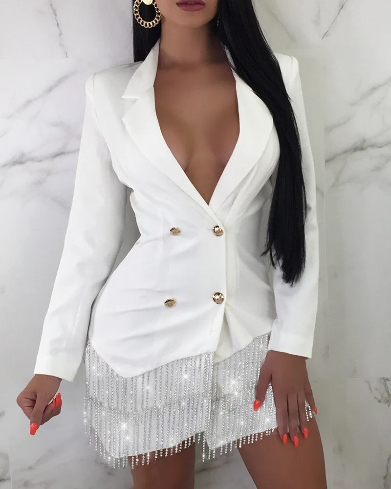 Женское блестящее двубортное платье блейзер с бахромой|Женские платья| |