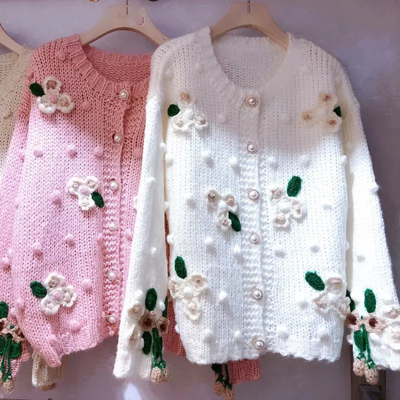 

2021 Spring Fall Sweet Floral Crochet Hollow Out Women Three-dimensional Flowers Cardigans Long Sleeve Sweater Casual Top Y161