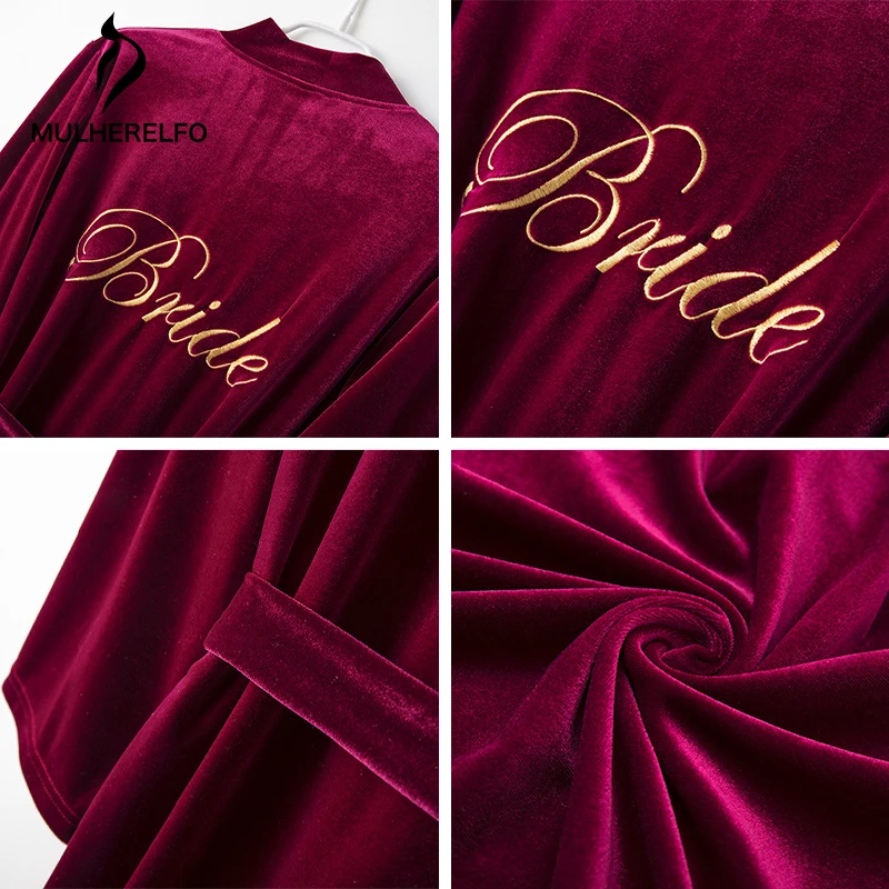 

Sexy Gold Velvet Women 2 Piece Nightdress Robe Suit Female V Neck Sling Embroidered Sleepwear Bridesmaid Nightgrown Wedding