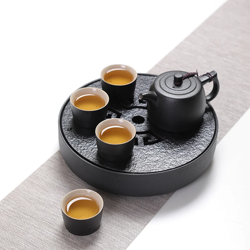 

Vintage Black Pottery Kung Fu Tea Set Combo Ceramic Tea Tray Travel Home Business Gift Portable Juego De Te Home Garden BE50TT