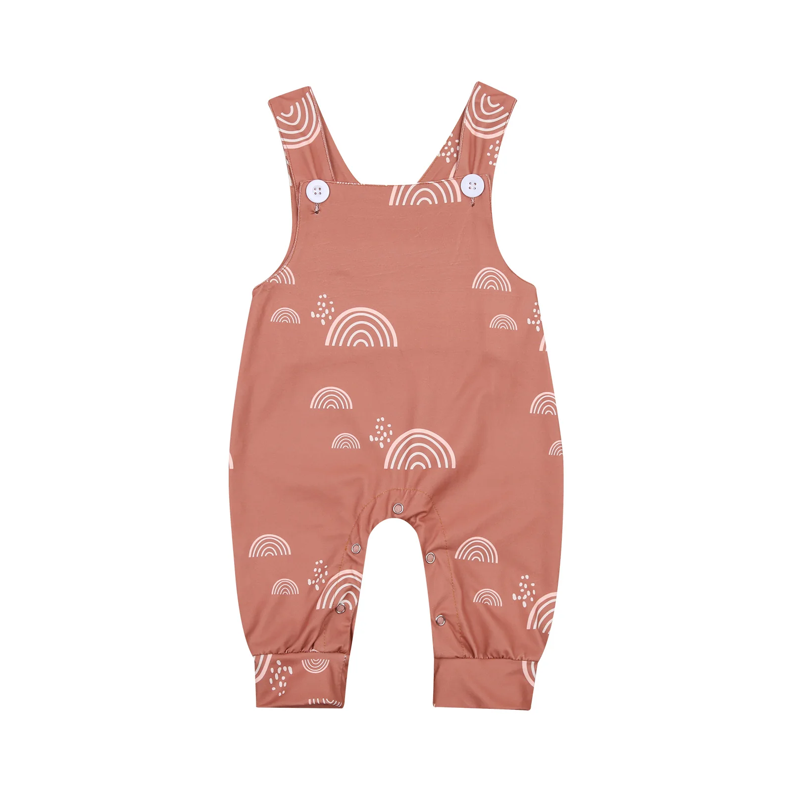 

Baby Girls Rainbow Print Knit Romper Sleeveless Square Collar Jumpsuit with Buttons for Summer