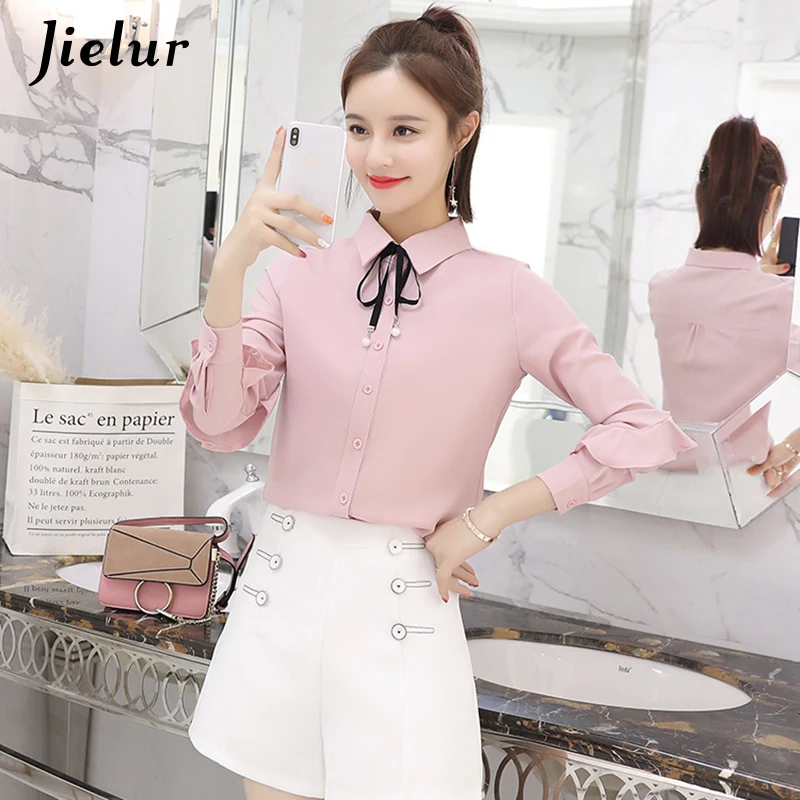 Jielur Lace Up Bow Tie Autumn Women Chiffon Blouse Ruffles Patchwork White Shirt Leisure Long Sleeve Pink Ladies Blusas Tops XXL | Женская
