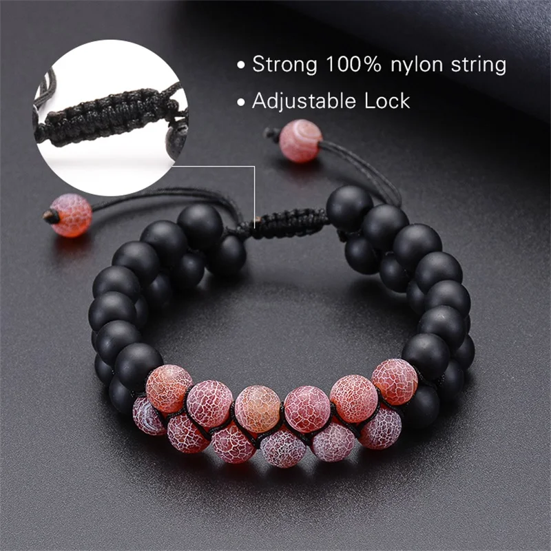 

Men Women Black Matte Bracelet 8mm Double Layer Natural Stone Beads Bracelets Adjustable Braid Weathered Agate Bracelet