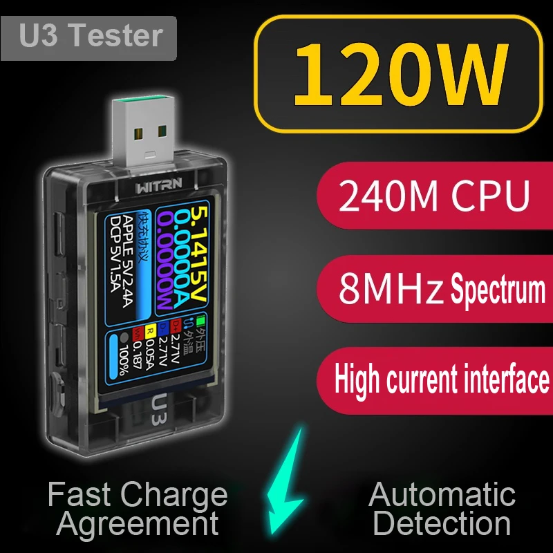 

Witrn U3 USB Tester Current Voltage Meter QC5 PD3.0 2.0 PPS Fast Charging Protocol Capacity PD Trigger Monitor Ripple spectrum