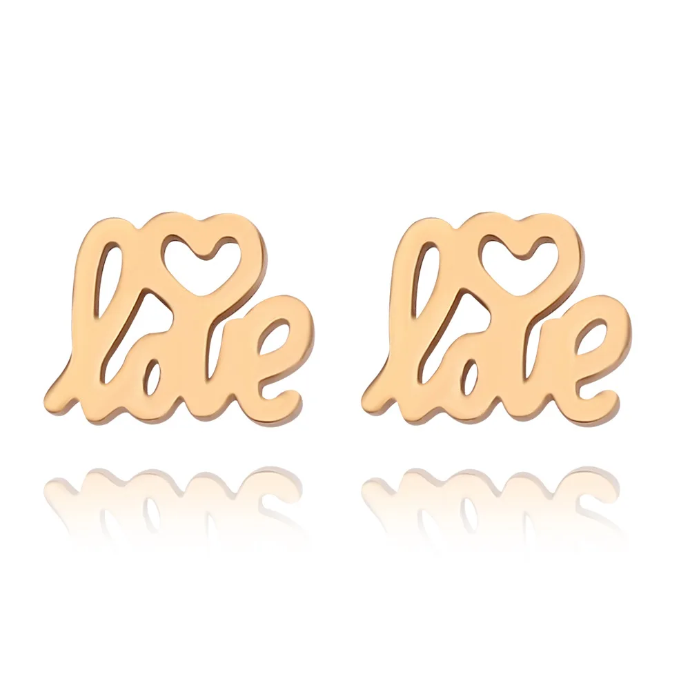 

WANGAIYAO New Fashion Love LOVE Stud Earrings Stainless Steel Earrings Golden Individuality Simple and Wild Titanium Steel Women