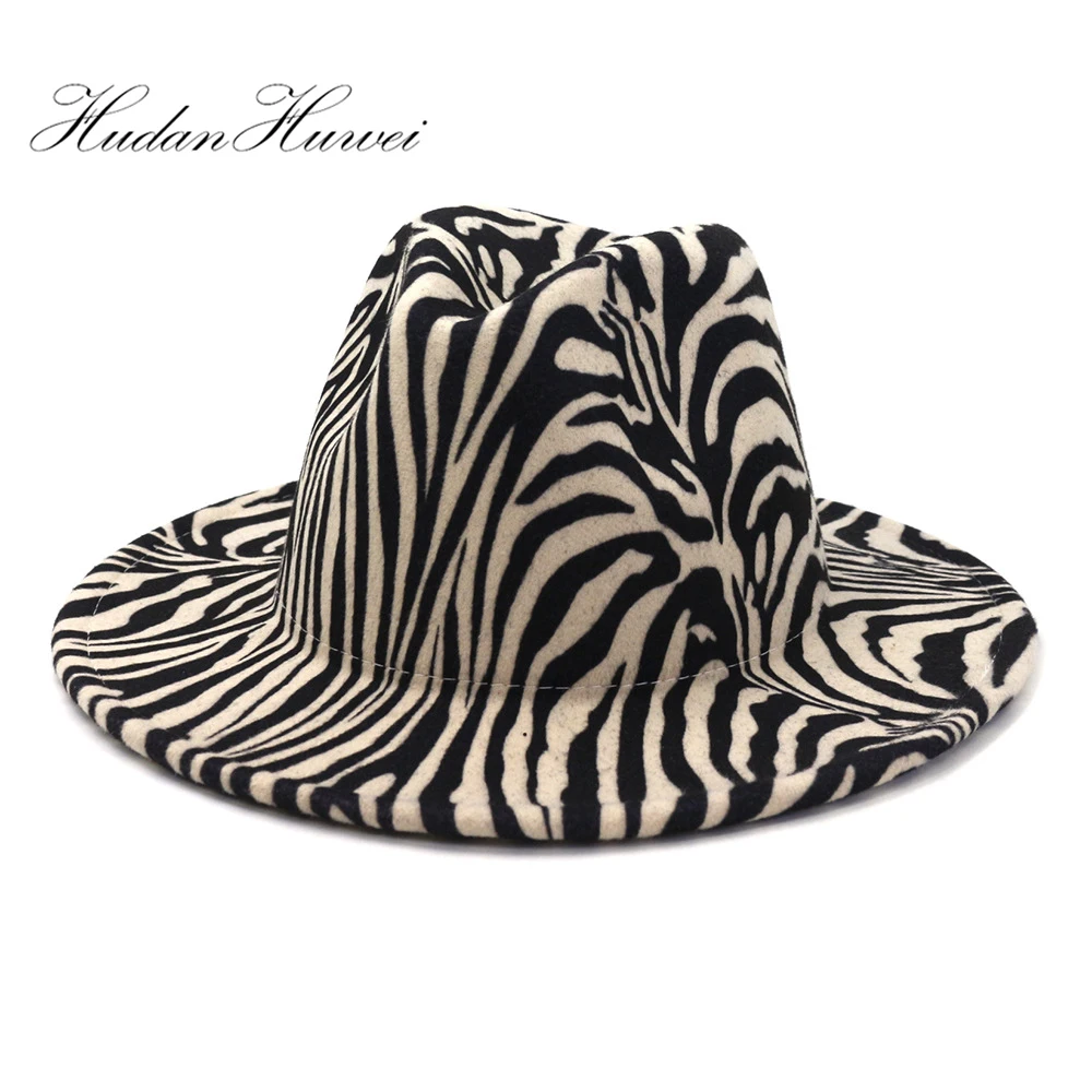 

2020 New Fashion Men Women Leopard Woolen Felt Fedora Hat with Flat Wide Brim Church Wedding Cowboy Hat Caps