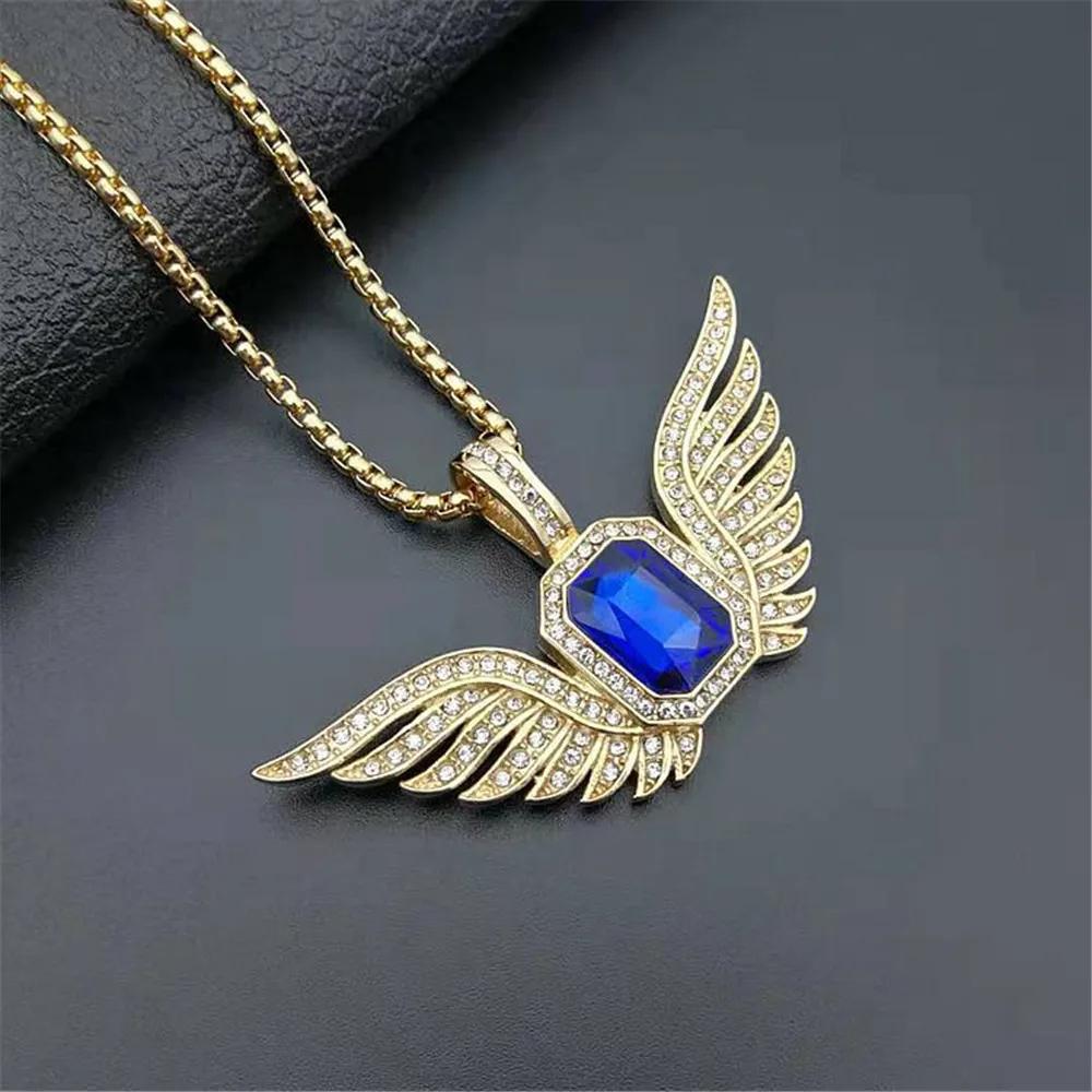 

Hip Hop Iced Out Rhinestone Wing Pendants Chain Gold Color Stainless Steel Necklaces For Women&Men Fashion Jewelry Dropshipping