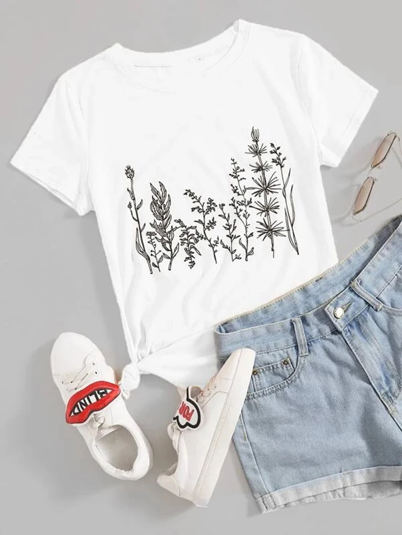 

Винтажная летняя модная хипстерская футболка хаки в стиле Харадзюку с изображением растений и дерева, женская футболка унисекс Tumblr Ulzzang, же...